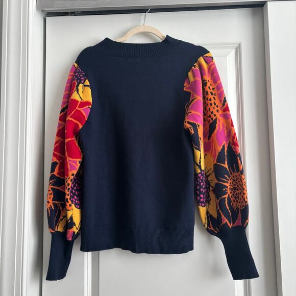 Jodiful Women’s Floral Balloon Sleeve Sweater S Colorblock Navy Pink Mock Neck - Picture 3 of 11